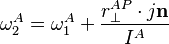 \mathbf{\omega}_2^A = \mathbf{\omega}_1^A + \frac{r_\bot^{AP}\cdot j\mathbf{n}}{I^A}